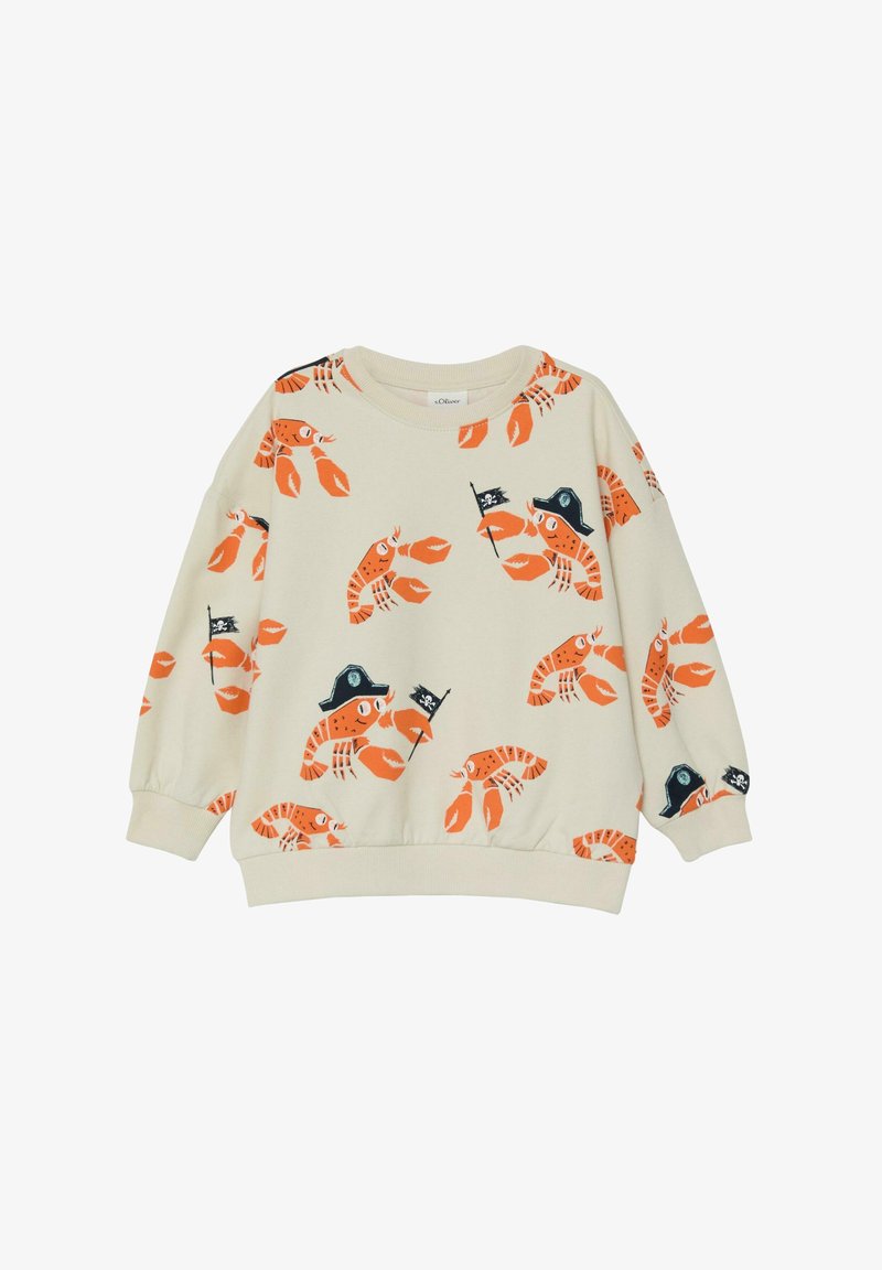 Sweat-shirt enfant couleur crème avec des homards orange, certains portant des chapeaux de pirate et tenant de petits drapeaux de pirate.
