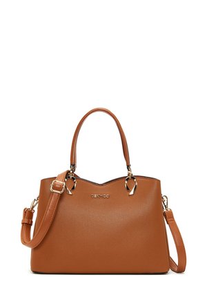 Borsa a mano in pelle color cuoio con doppi manici superiori, tracolla rimovibile, design superiore curvo e accentuazioni in metallo dorato.
