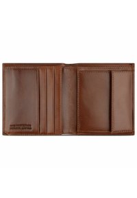 Portefeuille en cuir marron avec protection RFID, doté de plusieurs emplacements pour cartes et d'une texture lisse. Le design ouvert met en valeur les compartiments intérieurs.