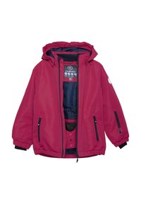 Rote isolierte Jacke mit Kapuze, Frontreißverschluss und Druckknopfverschluss. Verfügt über zwei Reißverschlusstaschen und ein kontrastierendes Futter.