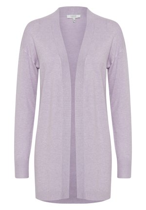 Helles lila Cardigan, offenes Frontdesign, lange Ärmel, weiche Textur, gerippte Bündchen und Saum, leichtes Material. Keine Verschlüsse oder Muster.