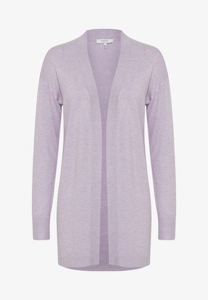 Helles lila Cardigan, offenes Frontdesign, lange Ärmel, weiche Textur, gerippte Bündchen und Saum, leichtes Material. Keine Verschlüsse oder Muster.