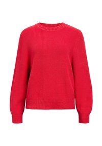 Suéter rojo de punto con cuello redondo, mangas largas y puños y bajo acanalados. La tela tiene un acabado suave y texturizado.