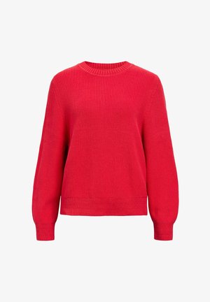 Maglione rosso lavorato a maglia con scollo a girocollo, maniche lunghe e polsini e orlo a coste. Il tessuto ha una finitura morbida e strutturata.