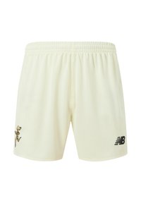 Crèmekleurige sportshorts gemaakt van lichtgewicht stof met een elastische tailleband. Voorzien van een zwart New Balance-logo en een kleine afbeelding van een hardlopend figuur.