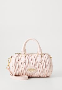 Pink faux leather handbag with quilted design, gold hardware, dual handles, and detachable strap. Featuring a gold logo plaque on the front.