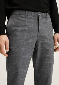 Grijze gestreepte broek met een fijn ruitpatroon, knoopsluiting, vlakke voorkant en een soepele textuur. Trendy pasvorm met riemlussen.