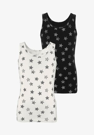 Zwei Tanktops aus schwarzer und weißer Baumwolle mit einem grauen Sternenmuster. Jedes hat einen runden Halsausschnitt und keine Ärmel.
