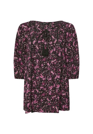 Schwarze Tunika mit einem Paisleydruck in Pink und Weiß. Verfügt über einen runden Ausschnitt, 3/4-Ärmel und ein Bindeband mit Quasten.