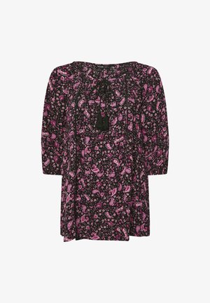 Musta tunika, jossa on vaaleanpunainen ja valkoinen paisley-kuvio. Siinä on pyöreä pääntie, kolme neljäsosaa hihat ja solmimisvipu tupsuilla.