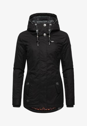 Black jacket with a hood, featuring silver buttons, drawstrings, and side pockets. Interior has an orange geometric pattern. Soft texture.