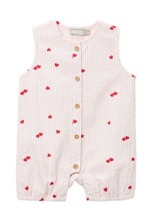Barboteuse sans manches rose et blanche à rayures avec motifs de cœurs rouges et boutons en bois sur le devant, taille 3 mois.