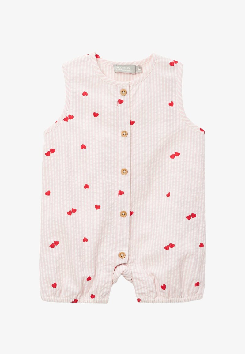 Barboteuse sans manches rose et blanche à rayures avec motifs de cœurs rouges et boutons en bois sur le devant, taille 3 mois.