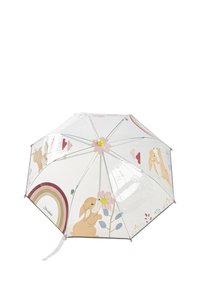 Transparenter Regenschirm mit einem bunten Design von Hunden, Blumen und einem Regenbogen. Akzente sind eine rosa Blume an der Spitze und abgerundete Enden.
