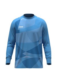 Blauwe sporttrui met lange mouwen van gladde stof, voorzien van een geometrisch patroon in verschillende tinten blauw en een ronde hals.