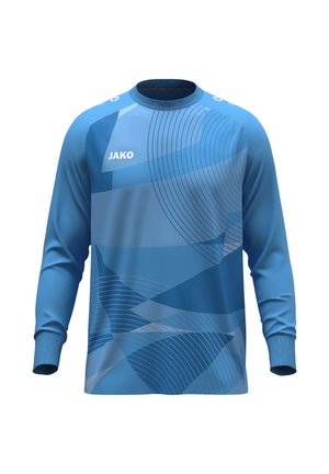 Blauwe sporttrui met lange mouwen van gladde stof, voorzien van een geometrisch patroon in verschillende tinten blauw en een ronde hals.