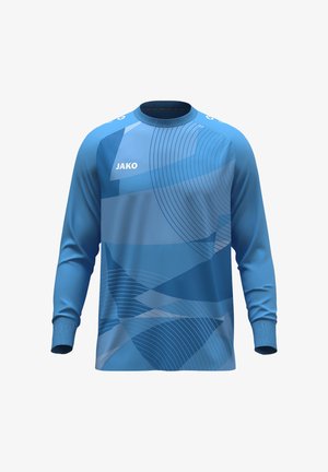 Blauwe sporttrui met lange mouwen van gladde stof, voorzien van een geometrisch patroon in verschillende tinten blauw en een ronde hals.