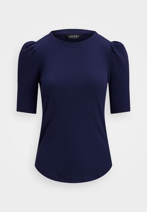 Lauren Ralph Lauren COTTON BLEND RIB KNIT PUFF SLEEVE TEE - Pamata T-krekls - refined navy