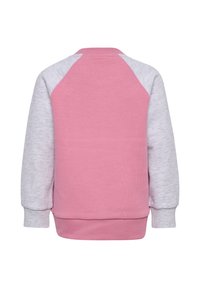 Roze sweatshirt met grijze raglan mouwen, ribgebreide manchetten en zoom. Gladde katoenmix stof, met een ontwerp in effen kleur zonder patronen.