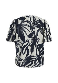 Kurzarmbluse in Creme und Dunkelblau, mit einem Blättermuster, glatter Textur und einem Schlüsselaugenverschluss mit Knopfverschluss auf der Rückseite.