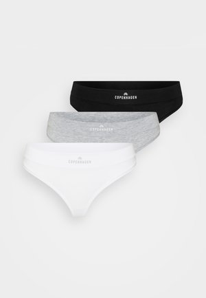 Three pairs of women's thongs in black, gray, and white cotton, featuring a wide waistband with a printed logo at the front.