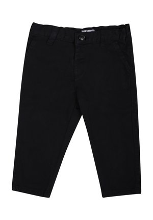 Pantaloni in cotone neri con chiusura a bottone, tasche laterali e design a gamba dritta. Texture liscia e taglio classico.