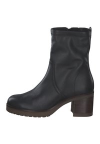Black leather ankle boot with a rounded toe, a smooth finish, and a wooden block heel. Features stitched seams and a side zipper.