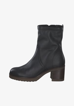 Black leather ankle boot with a rounded toe, a smooth finish, and a wooden block heel. Features stitched seams and a side zipper.
