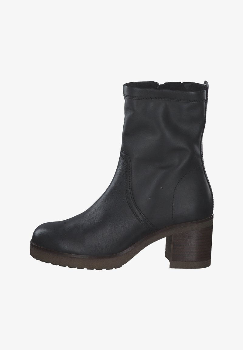 Black leather ankle boot with a rounded toe, a smooth finish, and a wooden block heel. Features stitched seams and a side zipper.