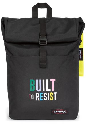 Black roll-top backpack with multicolored "BUILT TO RESIST" text and Eastpak logo patch on the front pocket.