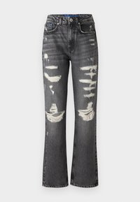 Distressed black jeans with a high waist, wide legs, and frayed detailing. Features multiple rips and a button fly closure.