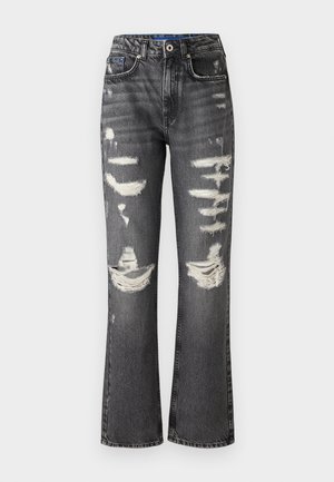 Slitte svarte jeans med høy midje, vide ben og frynsete detaljer. Har flere hull og lukking med knapp.