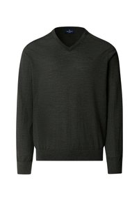 Donkergroene v-halstrui gemaakt van zacht materiaal, met lange mouwen en geribbelde manchetten. Voorzien van een klein logo op de linkerkant van de borst.