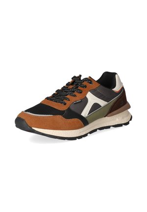 Zapatilla baja con ante marrón, malla negra, detalles en blanco y oliva, y cordones negros sobre una suela blanca texturizada.