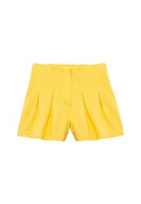 Geel shorts met een geplooid ontwerp aan de voorkant, elastische tailleband en een getailleerde vorm. Gemaakt van lichtgewicht stof met een gladde textuur.