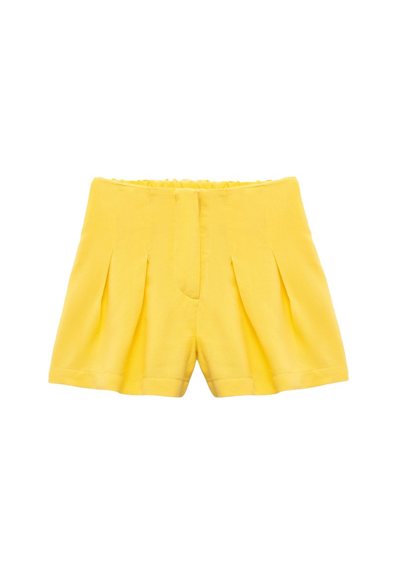 Geel shorts met een geplooid ontwerp aan de voorkant, elastische tailleband en een getailleerde vorm. Gemaakt van lichtgewicht stof met een gladde textuur.