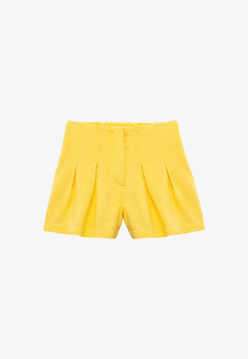 Yellow shorts with pleated front design, elastic waistband, and a tailored shape. Made from lightweight fabric with a smooth texture.