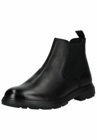 Las botas de cuero negro hasta el tobillo presentan paneles laterales elásticos, una tira de agarre y una suela de goma texturizada para mayor tracción. Acabado liso con puntera redonda.