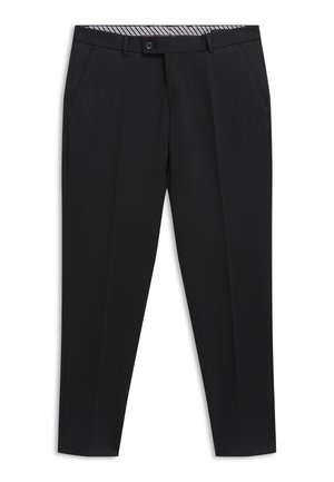 Schwarze maßgeschneiderte Hose mit Gürtelschlaufen, vorderer Knopf- und Reißverschluss, Seitentaschen und gestreiftem Innenbundfutter.