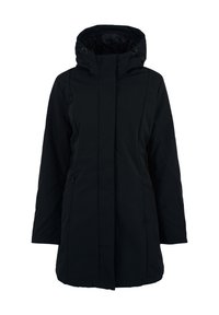 Černá voděodolná bunda s kapucí, s rovnými střihy, zipem vpředu a bočními kapsami. Hladká textura a minimalistický design.