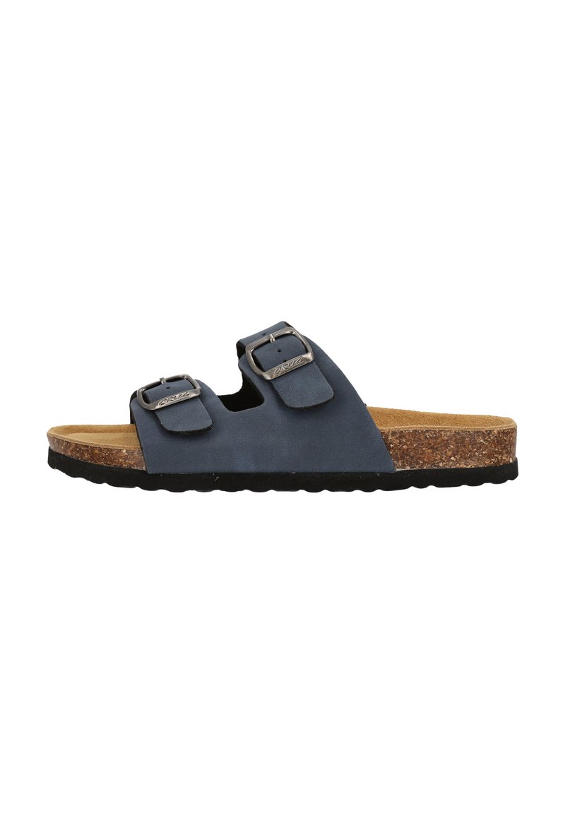 Blauer Zwei-Riemen-Sandalette mit verstellbaren Metall-Schnallen, Korkfußbett und strukturiertem schwarzem Sohlenboden. Verfügt über ein glattes Obermaterial aus synthetischem Material.