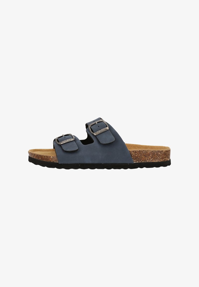 Blauer Zwei-Riemen-Sandalette mit verstellbaren Metall-Schnallen, Korkfußbett und strukturiertem schwarzem Sohlenboden. Verfügt über ein glattes Obermaterial aus synthetischem Material.