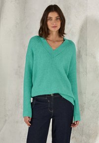 Maglione turchese a V dalle linee morbide con texture a coste e maniche lunghe, abbinato a jeans in denim scuro.
