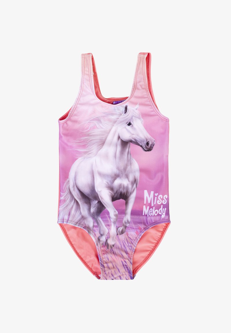 Costume da bagno con una grafica di un cavallo bianco su uno sfondo a gradiente rosa e il testo "Miss Melody". Realizzato in tessuto morbido e elastico.