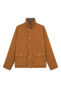 Giacca leggera marrone con colletto alto, bottoni a scatto e due grandi tasche frontali. Tessuto liscio e design su misura.