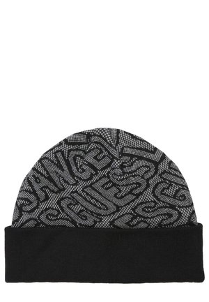 Berretto lavorato a maglia in nero e grigio, caratterizzato da intricati motivi di testo. Texture morbida con un risvolto nero piegato nella parte inferiore.