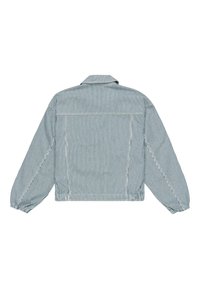 Cropped, long-sleeve jacket in vertical blue and white stripes. Features a collar, elastic cuffs, and a back yoke for fit adjustment.