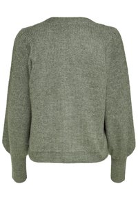 Grön stickad tröja med texturerat tyg, rund halsringning och långa, något puffiga ärmar. Ribbad nederkant och muddar.