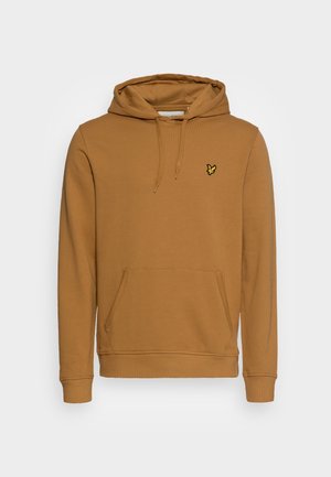 Haut à capuche en coton marron avec une poche frontale, une capuche à cordon et un petit logo jaune sur la poitrine gauche. Texture lisse et design décontracté.