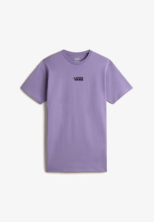 Paarse katoenen t-shirt met korte mouwen en een ronde hals. Op de voorkant staat een zwart Vans-logo. Eenvoudige, klassieke pasvorm.